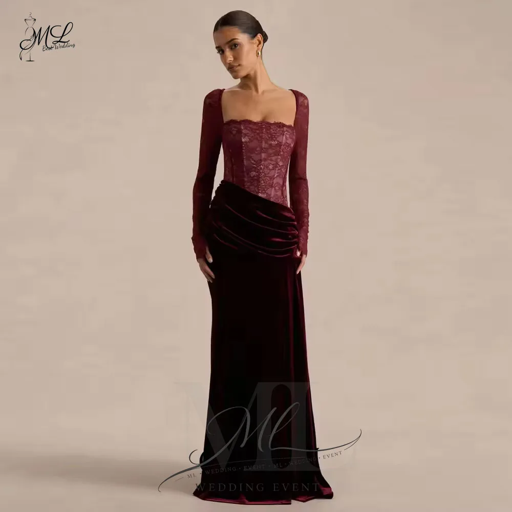 

ML Customized Lace Luxury Velvet Evening Dresses Burgundy Long Sleeves Backless Wedding Elegant Party Dress Long Prom Gown
