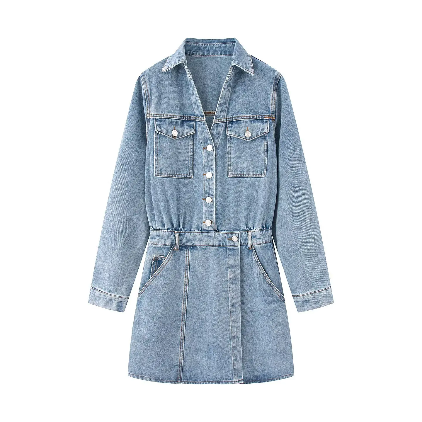 Spring Summer Women Denim Mini Dress Casual Turn-down Collar Long Sleeve single-Breasted Waist Cinched Lady Daily Commute Dress