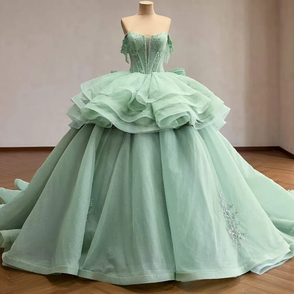

Princess Green Quinceañera Dress Crystal Sweetheart Off-Shoulder Lace-Up Back Detachable Train for 15th Birthday Party