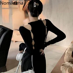 Nomikuma Crop Top Spring Autumn Slim Hollow Out Solid Color Y2k Women Clothing Vintage Elegant Sexy Fashion Long Sleeve Tees