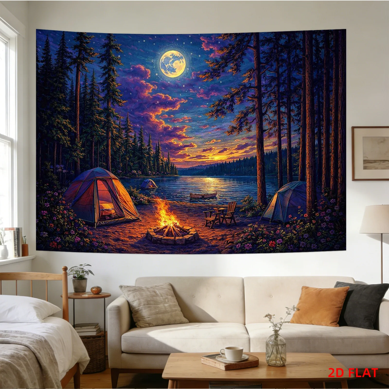 Moonlit Forest Camping Tapestry with Tents, Fire Pit, Lake and Starry Sky 180x280cm Wall Decor  aesthetic room decor