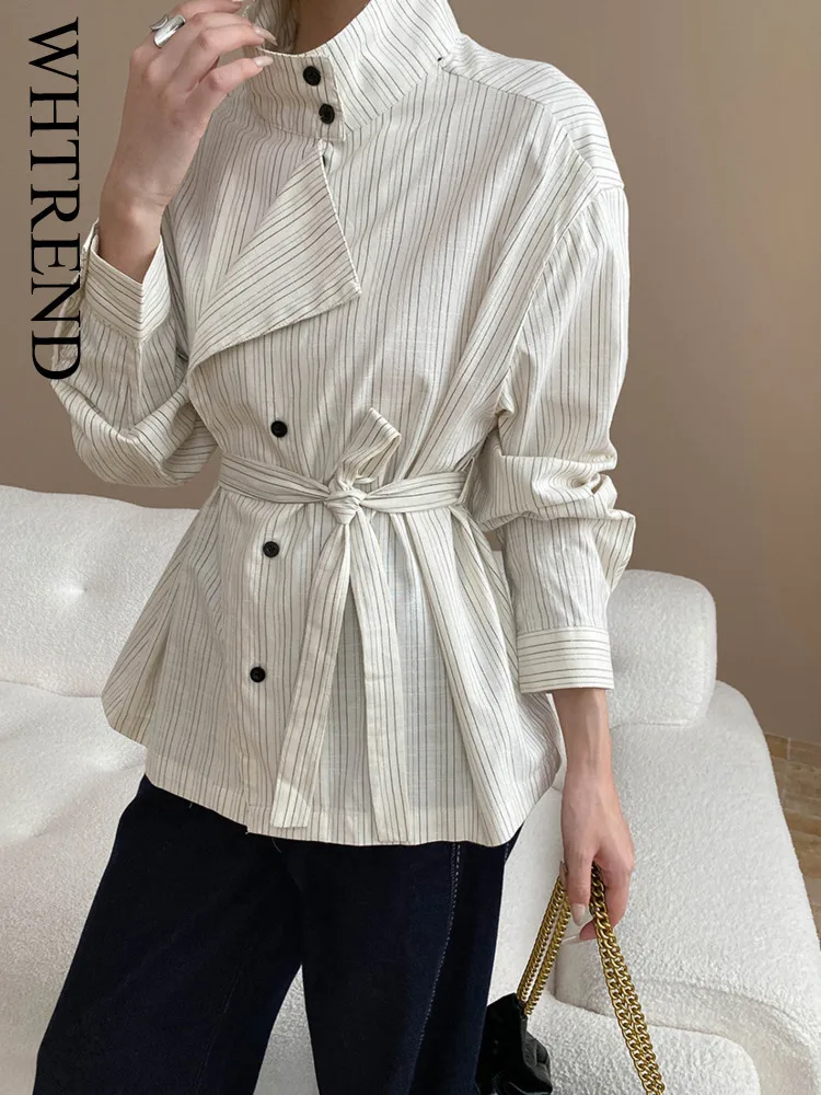 

WHTREND Niche Designer High Collar Waist-Cinching Design Striped Shirt Office Lady Fashion Top Spring Autumn New WH1121