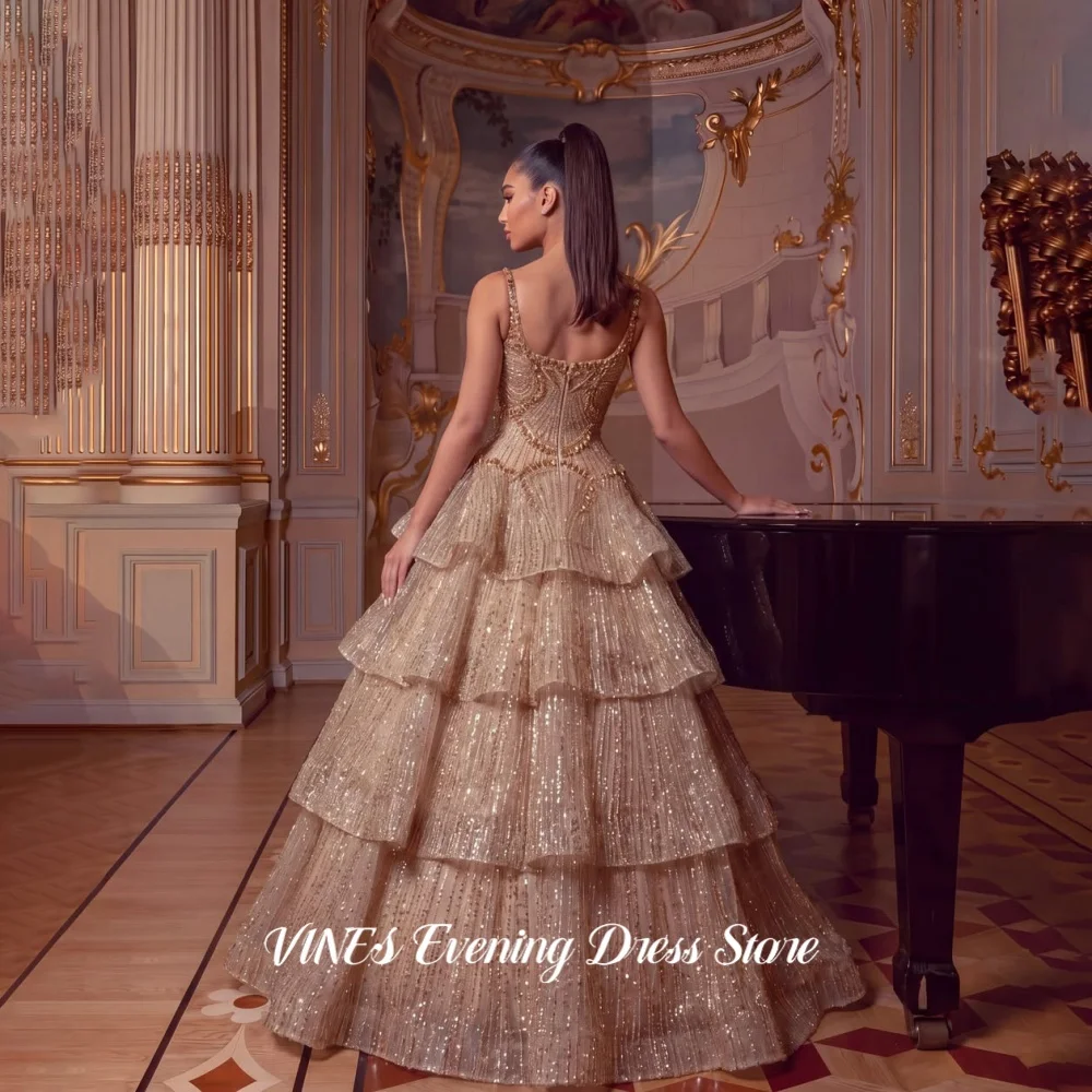 VINES Luxury Elegant Champagne Sequin Prom Dresses Embroidered Evening Gown Spaghetti Straps Beaded Long Party Dress Customized