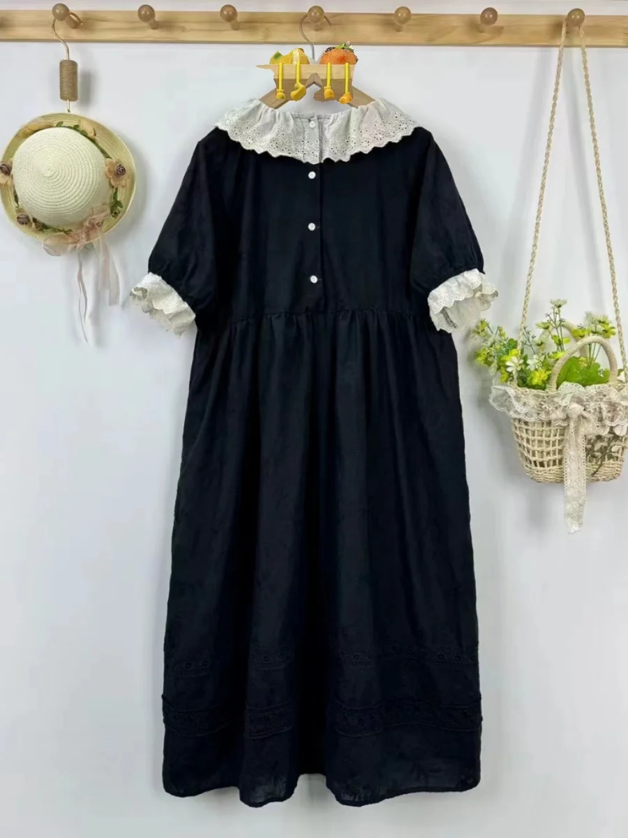 Summer Sweet Solid Color Hollow out Embroidered Dress Women Short Sleeve Casual Pleated Midi Dress