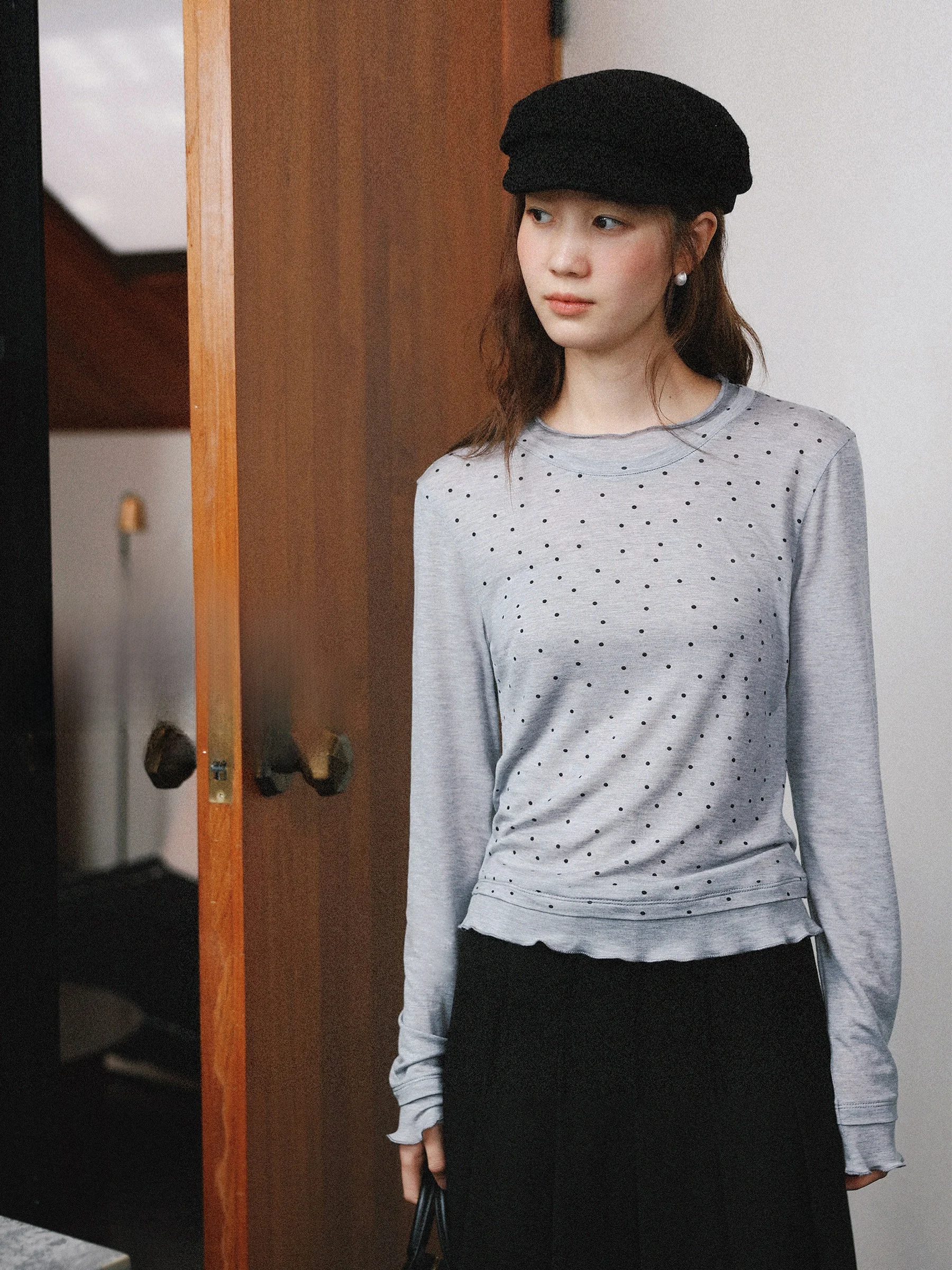 MUNNS RUIXI Vintage Polka Dot Wool Long Sleeve T-Shirt Gray Base Layer Shirt Breathable Skin-Friendly Chinese Production