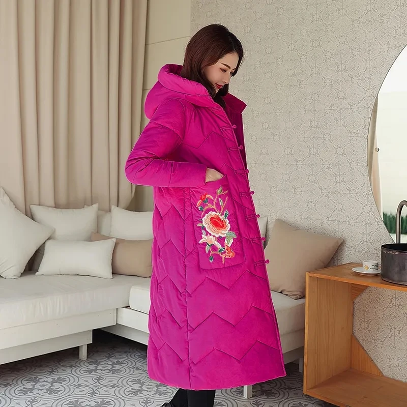 Fashion Womens Winter Jacket Long Parkas Retro Ethnic Style Ladies Hooded Pocket Coat Thick Warm Cotton Clothing Snow Overcoat