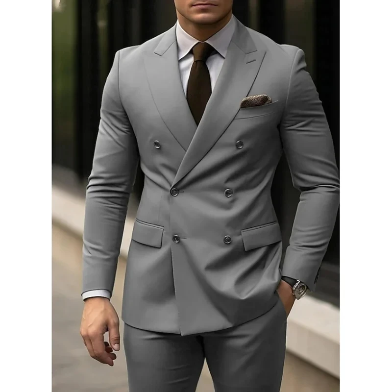 

Latest Blazer Pants Design Slim Fit Suits For Men 2 Piece grey Double Breasted Groom Wedding Tuxedos Costume Homme