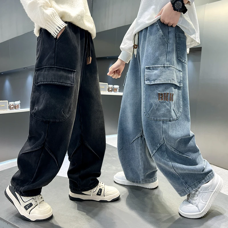 Korean Children Loose Straight Jeans with Pocket for Boy New Fashion Drawstring Denim Pants Kids Black Blue Cargo Jeans Trousers
