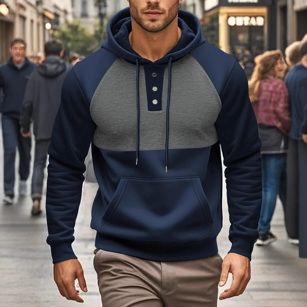 American European New Fashion Men’s Color-coded Casual Trendy Button Long Sleeve Hooded Pullover Sweatshirts Male Clothes Tops