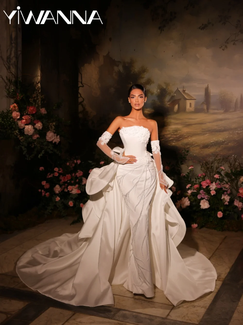 

Dreamy Dazzling Pearls Satin Wedding Dress Ruffled Detachable Train Elegant Bridal Gown Customized Strapless Dresses For Bride