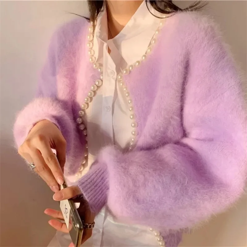 2026 Autumn Winter New Fashion Ladies Pearl Knit Lantern Sleeves Imitation Mink Fleece Sweater Cardigan Jacket Women Outerwear