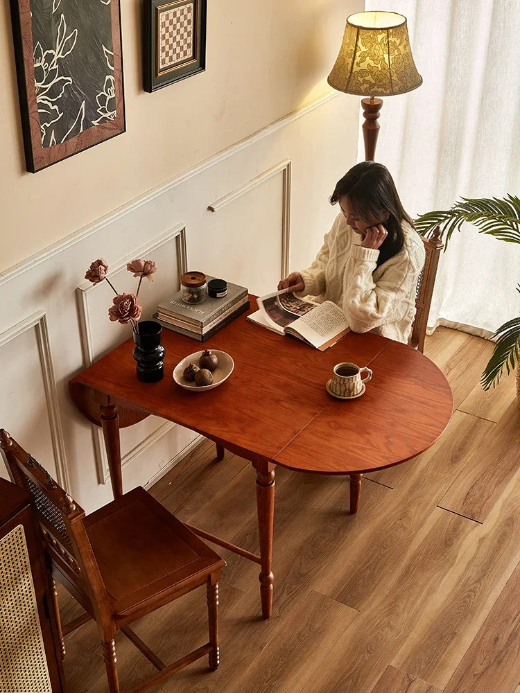 French retro folding dining table, small household solid wood antique restaurant oval table