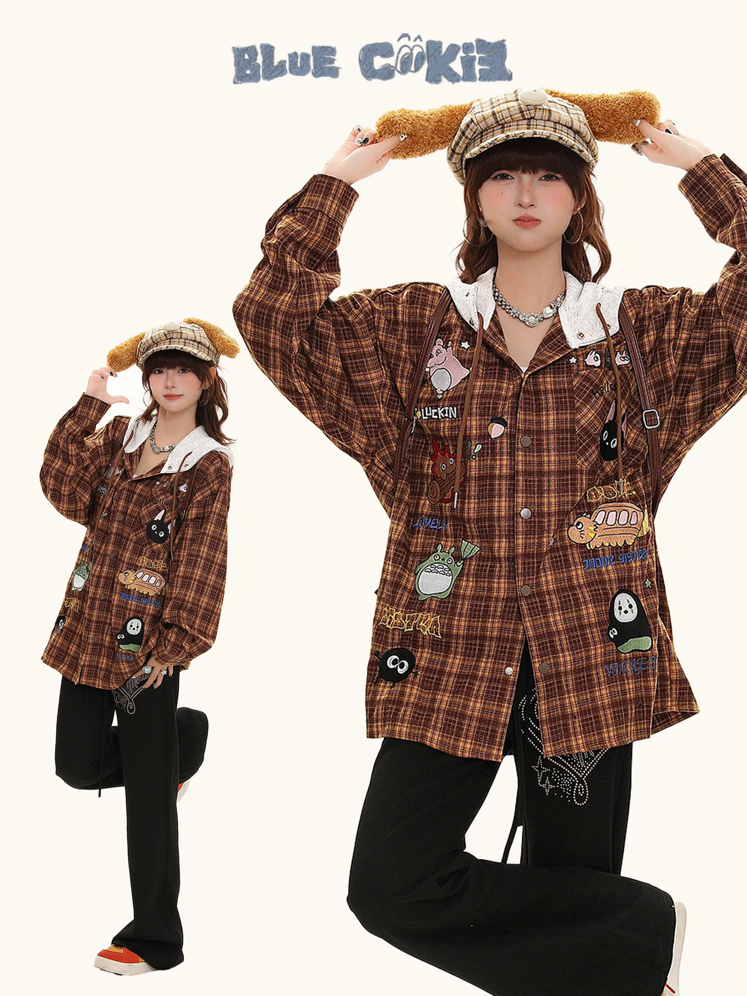 

Casual Plaid irt Jaet Women's Autumn 2025 New Versatile Long Sve Polyester Embroidered Hooded Top Warm Faionable