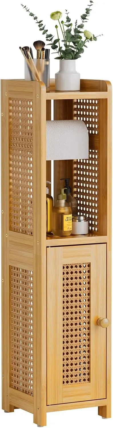 

Bamboo Toilet Paper Holder Stand with Rattan Door, Small Bathroom Storage Cabinet, 30.3x7.8x7 Inches