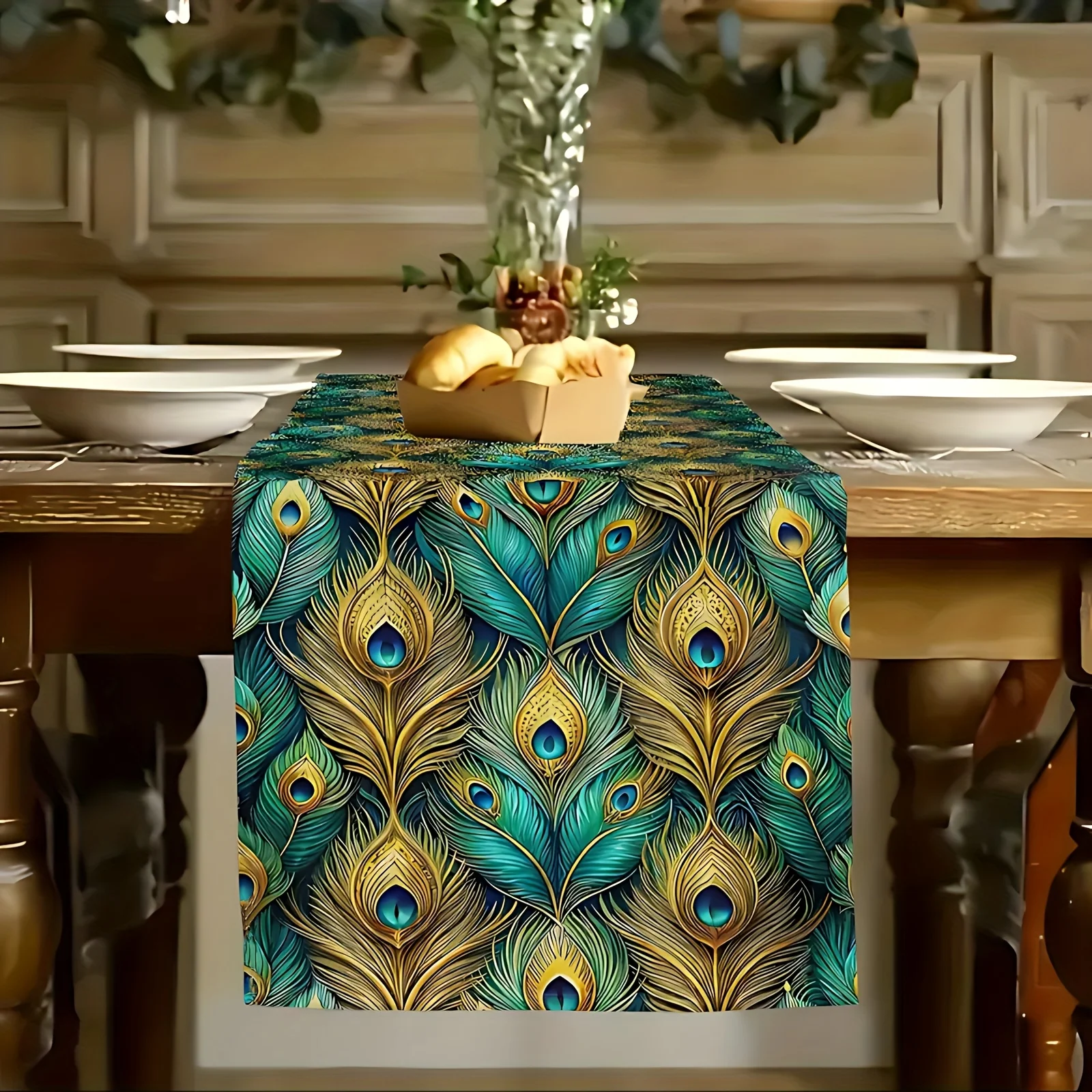 Peacock Feather Table Runner Teal Gold Emerald Luxury Ornate Pattern Dining Kitchen Wedding Party Home Decor Gift