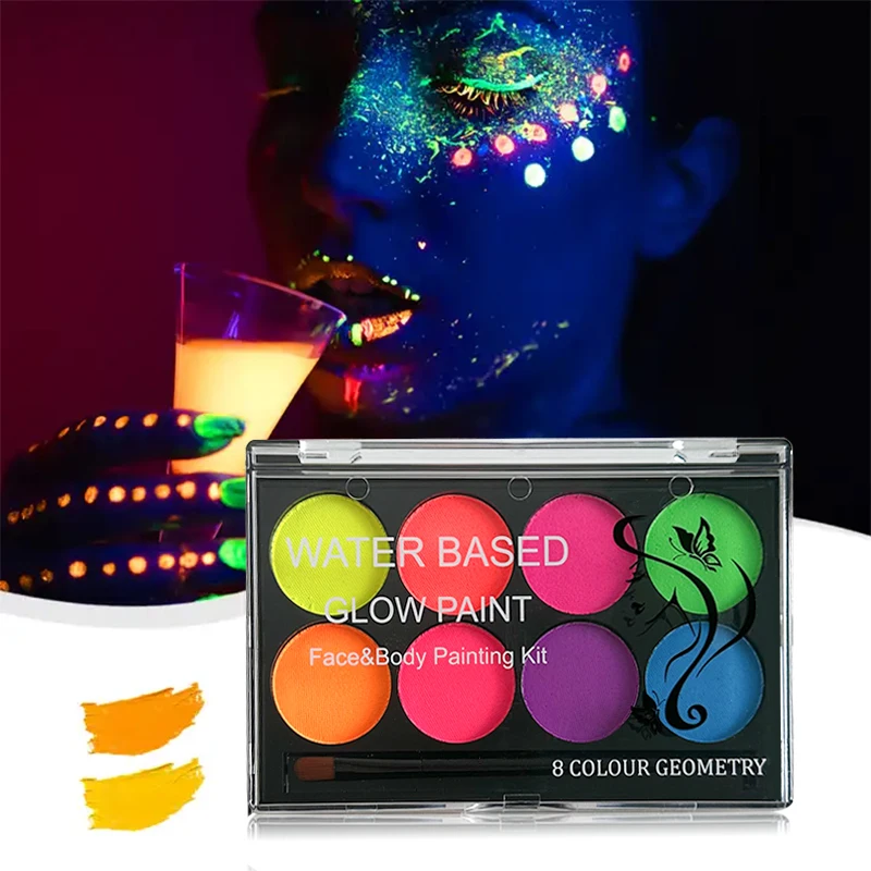8 Color Face & Body Paint Palette,UV Glow-in-the-Dark Water-Based Neon Fluorescent Colors for DIY Nail Art,Halloween Parties