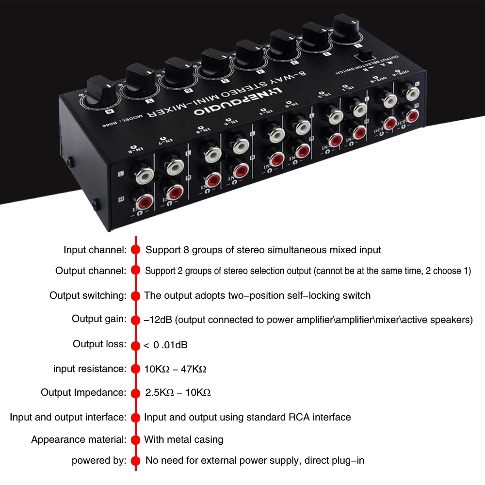 Mini mezclador estéreo pasivo de 8 canales No requiere energía Mezclador de audio estéreo de 8 canales Interfaz RCA