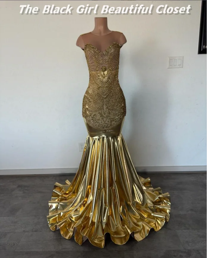 Gold Elegant Prom Dresses Black Girls Glitter Rhinestone Sequins Party Dresses New Sexy O Neck Fishtail Ruffle Dresses