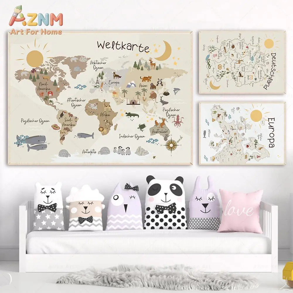 AZNM Kids World Map Canvas Wall Art Cute Animal Educational Globe Geography Print Frameless Canvas Painting Playroom Nursery Boy