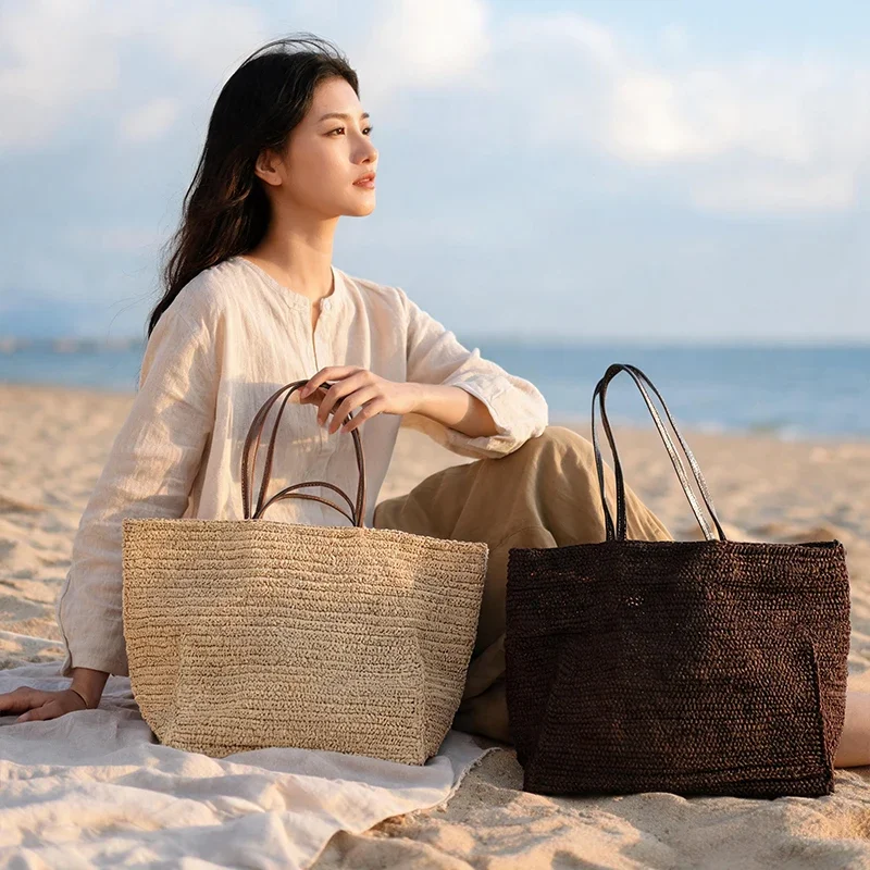 French Straw Woven Large Capacity Handmade Paper Rope Braided Tote Bag Summer Beach Vacation Shoulder Bag Casual Shopper Purse