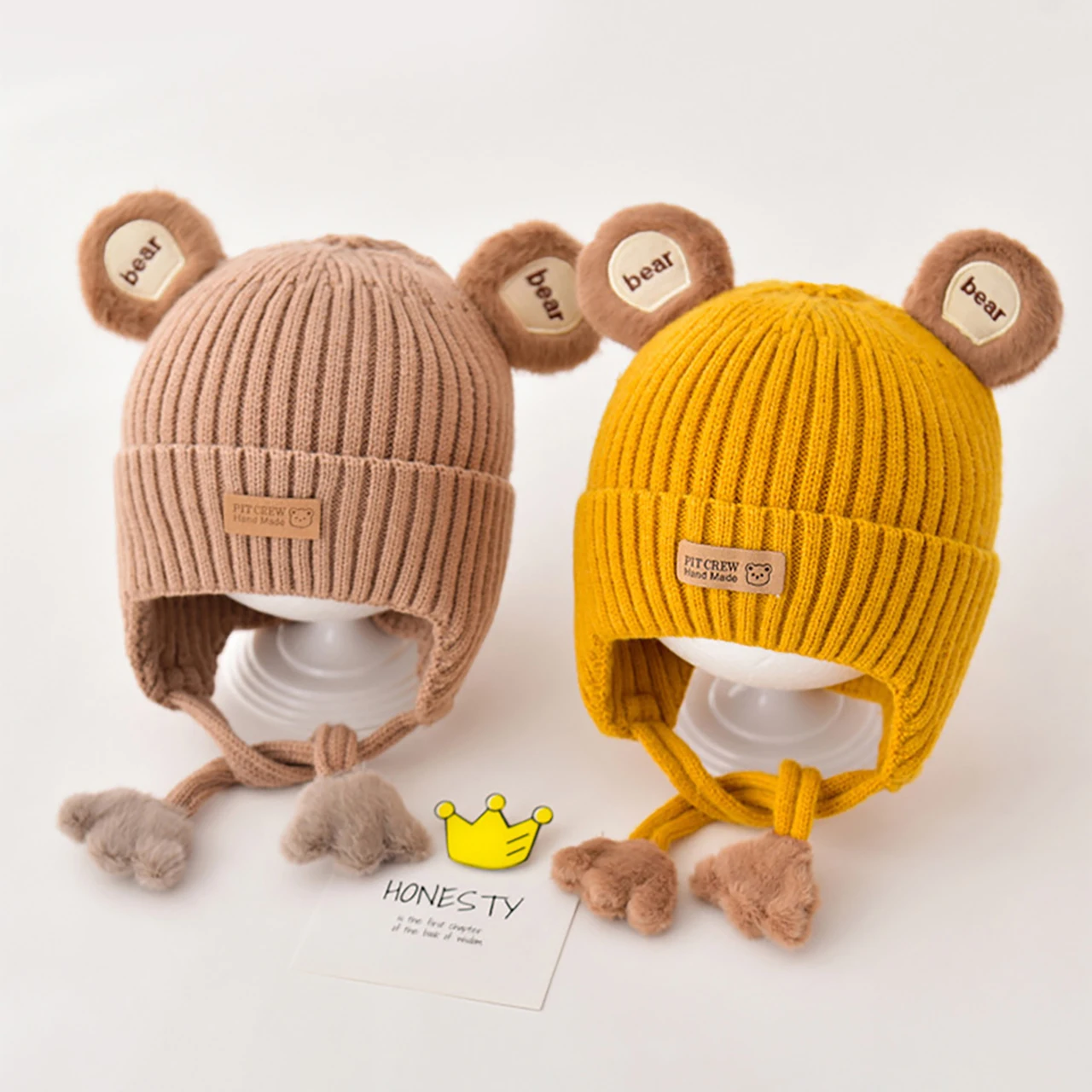 Cute Bear Toddler Beanie Cap Winter Warm Ear Protection Cap Kids Anti-cold Cotton Lining Lacing Infant  hicken Knitted Hat