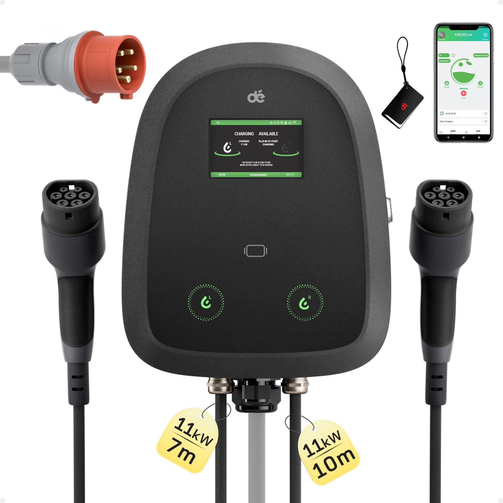 dé شاحن مزدوج Wallbox 11kW X 2 EV مع كابل 7m و10m من النوع 2 3-Phase 6A-32A App OCPP RFID للتحكم في بطاقة التحميل الديناميكي