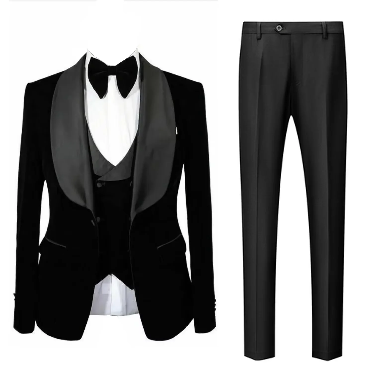 

Men's evening gown three piece set black velvet tailcoat (shawl lapel jacket+vest+trousers) groom's wedding dress ball set