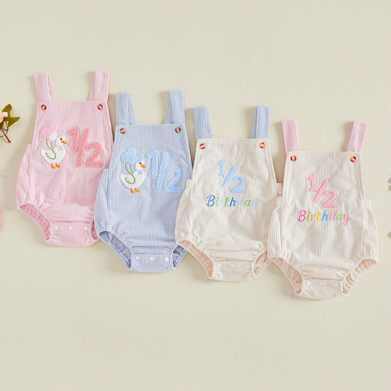 Baby Girls 1/2 Birthday Romper Letter Embroidery Sleeveless Embroidery Bodysuit Newborn Baby Corduroy Overalls Birthday Gifts