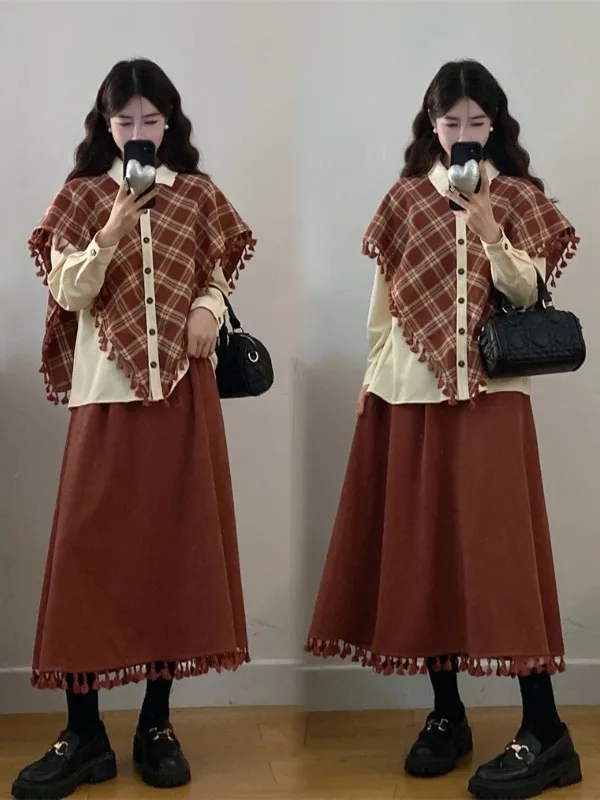 

Women's Two-piece Skirt Set Irregular Plaid Red Tassel Shirt Tops High-waisted Slim-fit A-line Skirt Y2K Winter Autumn Clothing