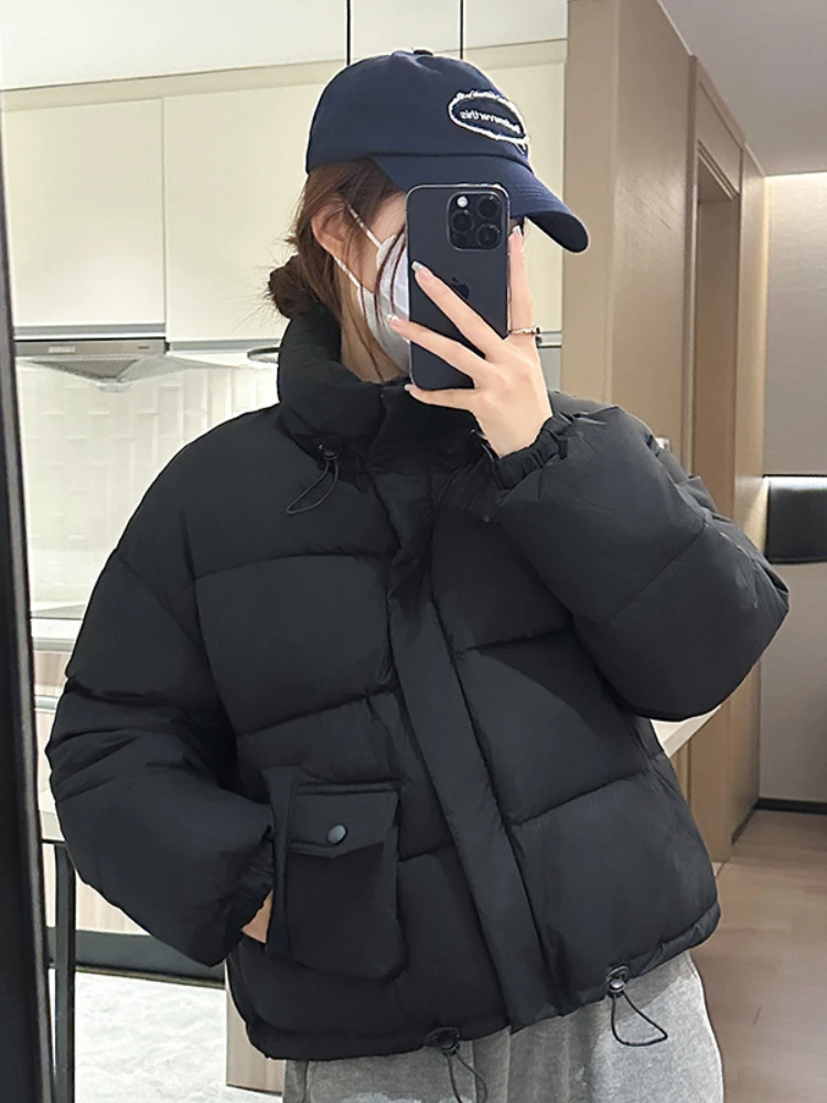 Fashion Black Down Cotton Solid Jacket Women\'s Short New Korean Version Warm Cotton Jacket Bread Winter Coat Outerwear Parkas