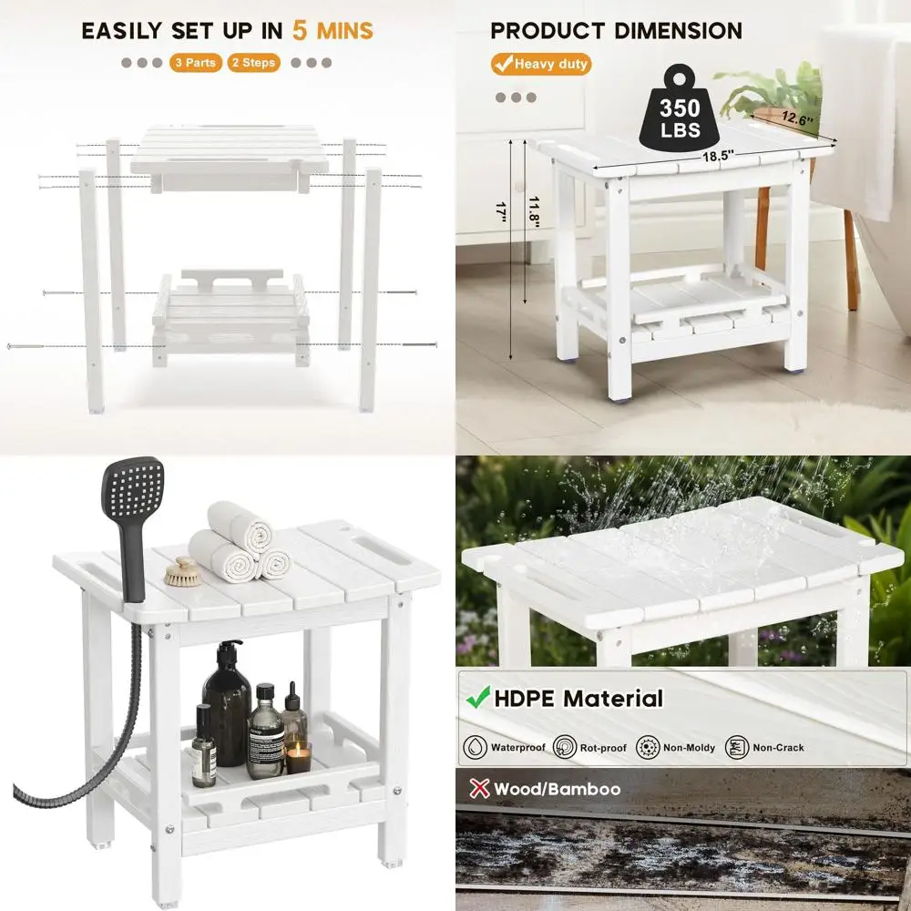 

White HDPE Shower Bench with Storage Shelf and Handles for Indoor & Outdoor Use