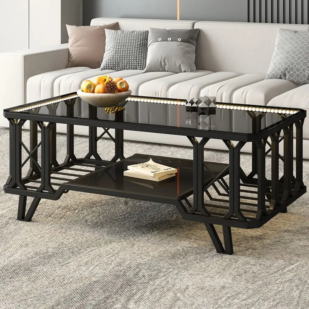 Household tempered glass coffee table, European wrought iron, small apartment, creative rectangular light luxury