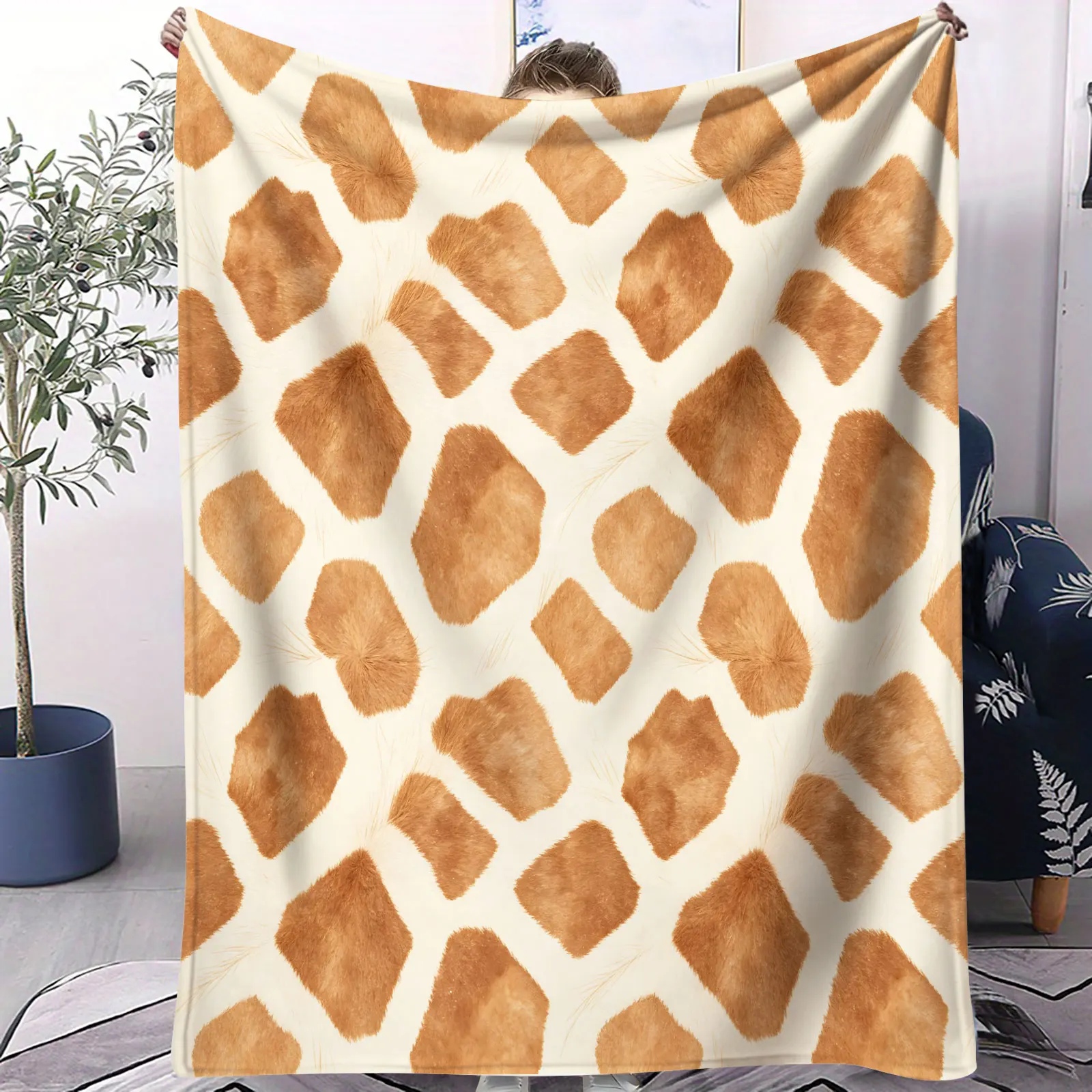 Giraffe Print Throw Blanket Faux Giraffe Skin Pattern Soft Microfiber Warm Flannel Blanket for Sofa Couch Farmhouse Home Decor
