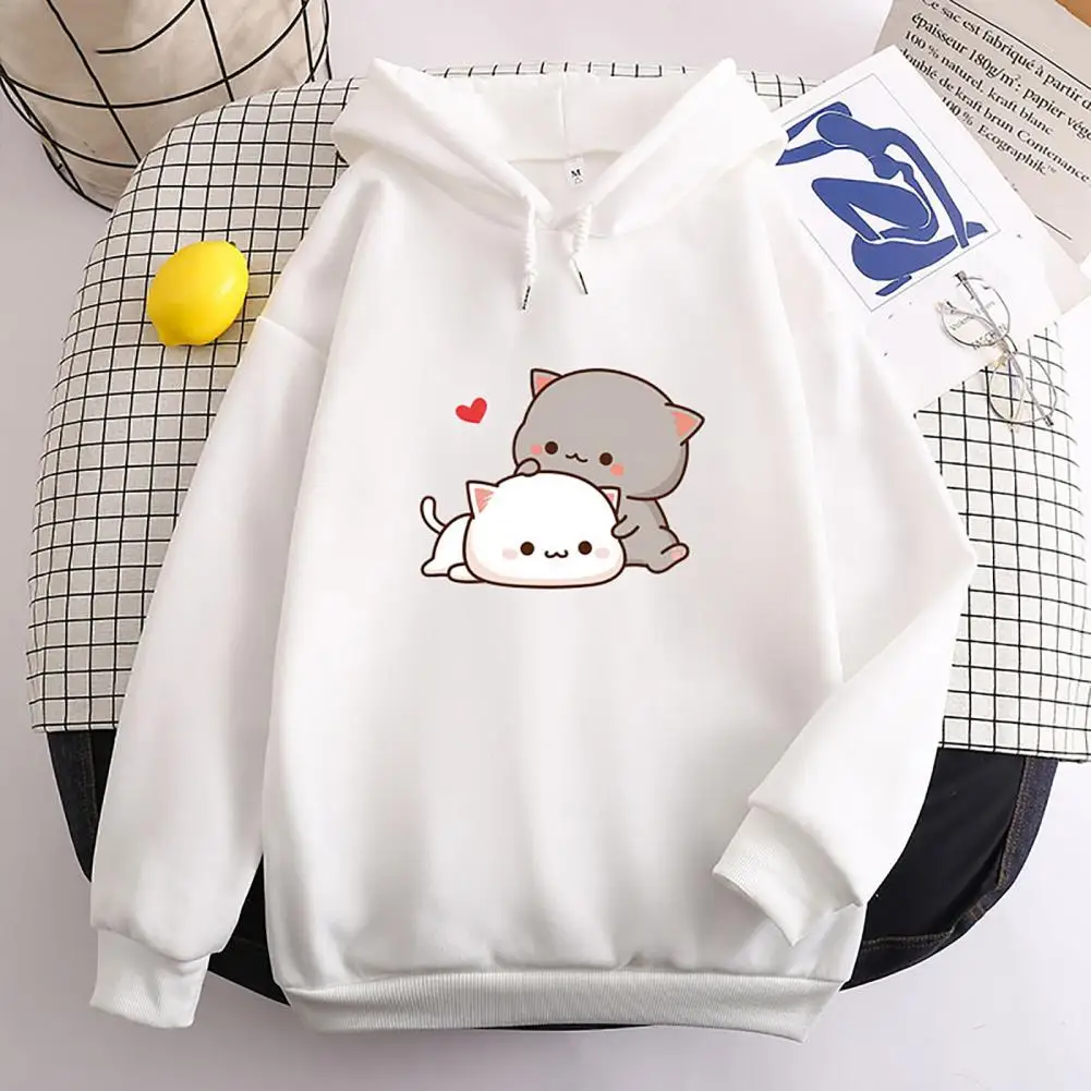 Soft Fleece Candy Color Autumn Hoodie Students Sweatshirt Cartoon Cat Print Drawstring Women Men Hoodies Korean Couple Hoodies