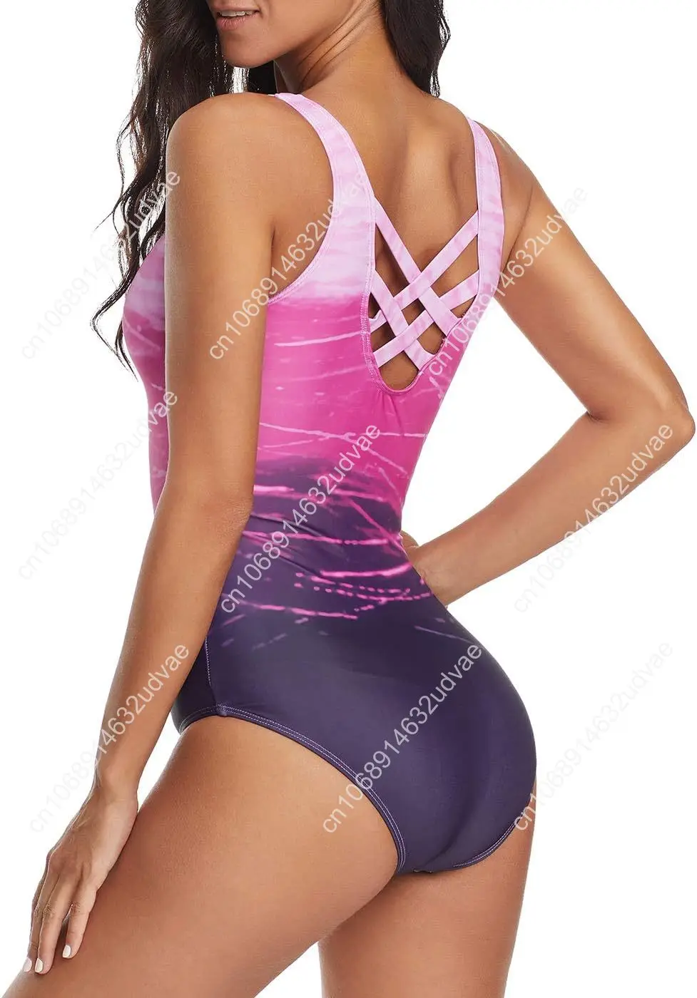American Trends One Piece Swimsuit Women Criss Cross Back Color Block Print Bathing Suits Athletic Modest Swimwear