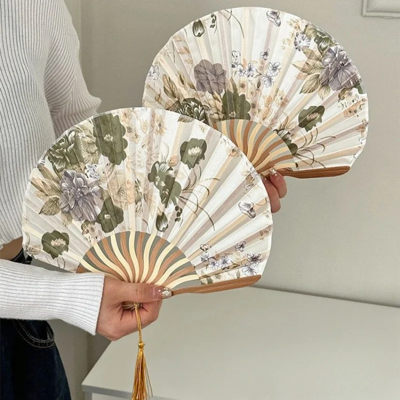 Ink Folded Fan New Chinese Classical Vintage Qipao Prop Tassel Handheld Fan Portable Elegant Traditional Decorative Fan