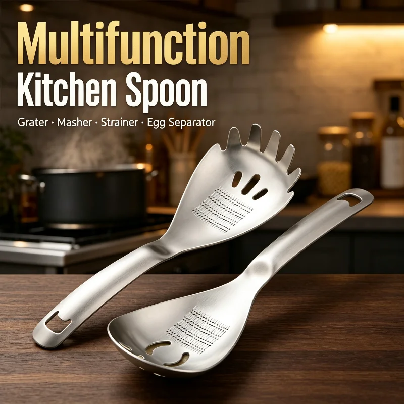 Kitchen Multifunction Spoon Stainless Steel Garlic Press Masher Strainer Noodle Spoon Egg Separator Cooking Utensil Heavy Duty