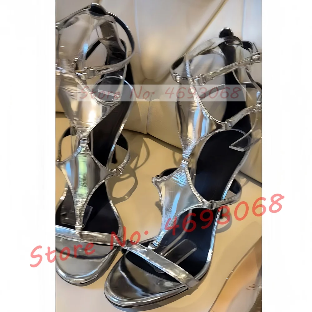 

Silver Glossy T-Strap Stiletto Gladiator Sandals Women Luxury Open Toe Strappy Shoes Banquet Sexy Metallic High Heels Shoes