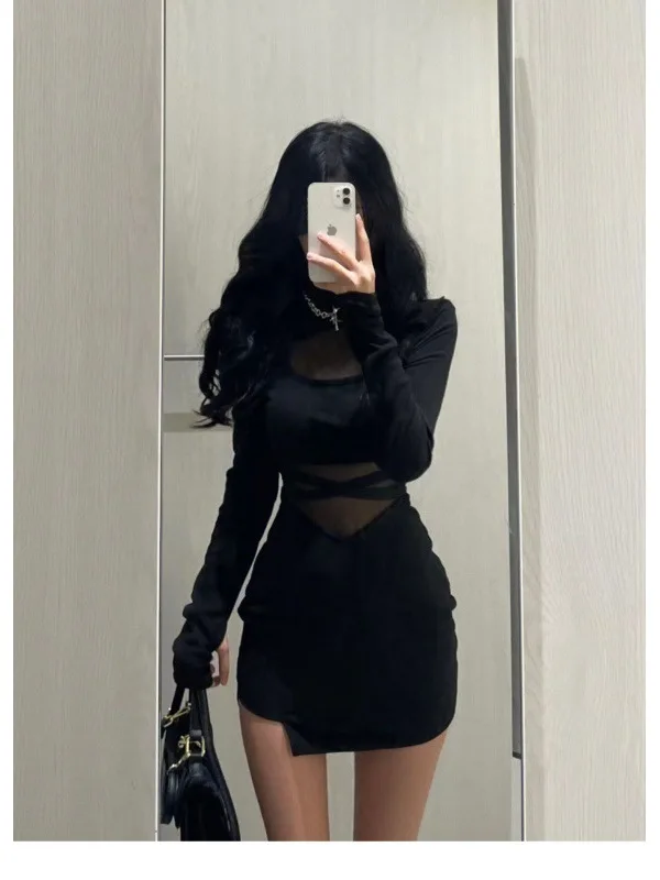 Pile Up Sleeves New Sexy Black Fishbone Dress Personalized Slim Women Dress Thin Gauze Perspective Wrap Around Buttocks  F8Q3