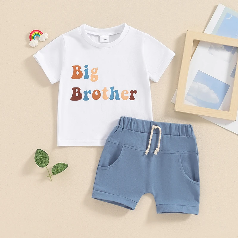 Matching Brothers Outfit Round Neck Short Sleeve Letter Print Tops + Elastic Waist Shorts Infant Toddler Boy 2 Piece Summer Set