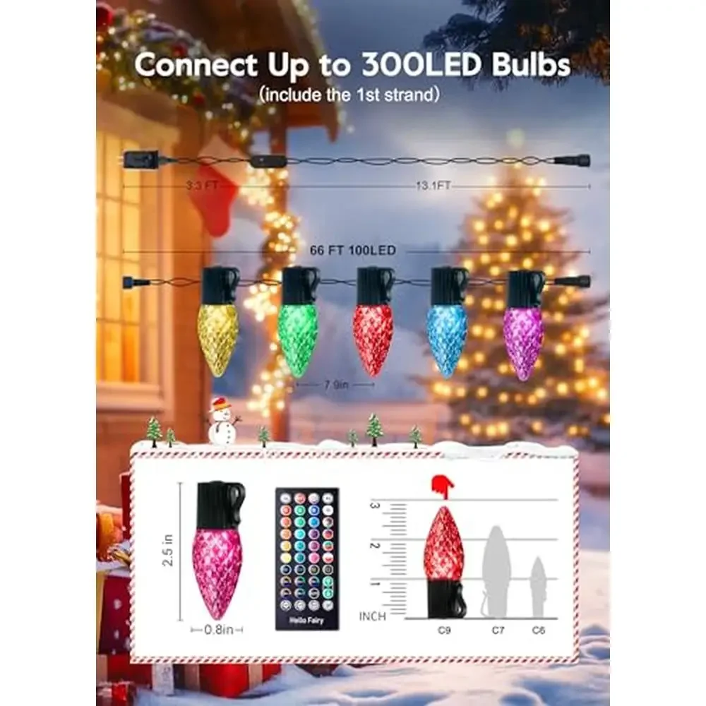 Outdoor Christmas Lights 100 LED Color Changing Fairy Lights App Control Music Sync Waterproof Smart C9 String Lights Holidays &
