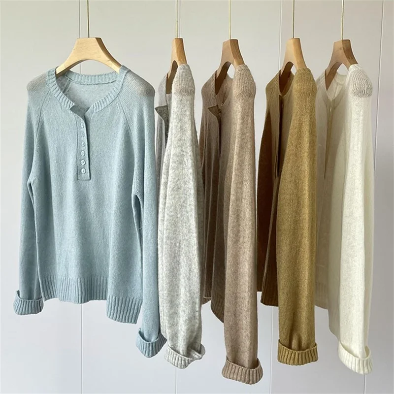 

Женский облегающий вязаный свитер с длинным рукавом, круглым вырезом и частичной застежкой, тонкий, для ранней осени, новинка, контроль качества от бренда