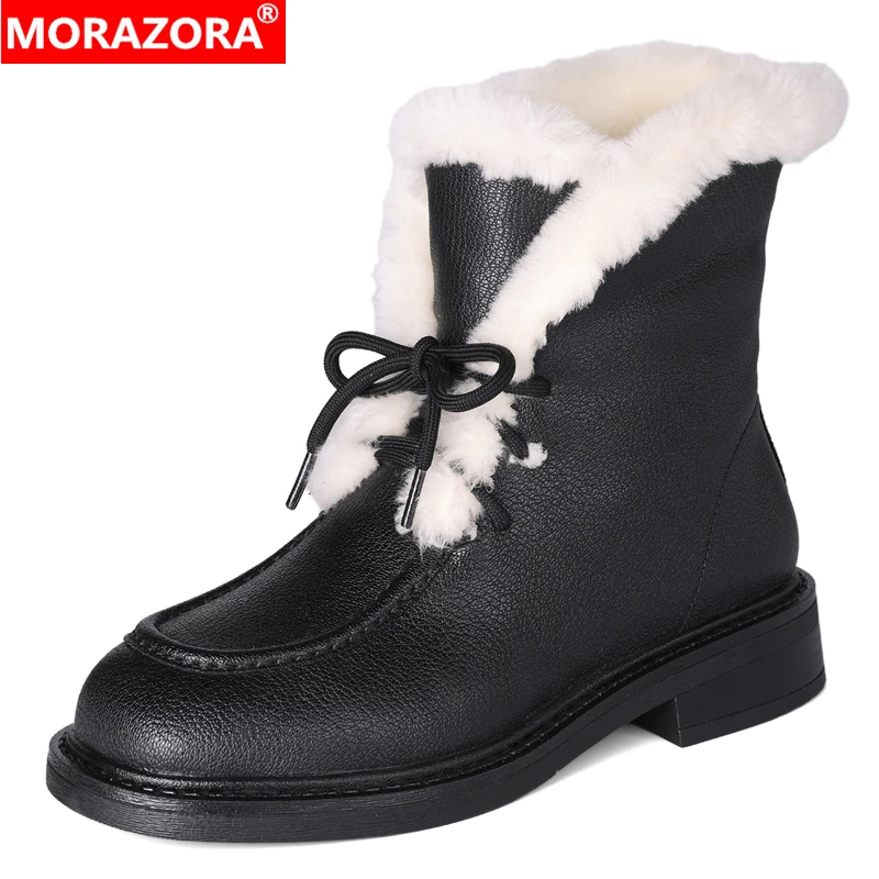 

MORAZORA Fashion Wool Boots Women Lace Up Black Warm Winter Snow Boots Split Leather Fashion Ankle Boots Female Shoes