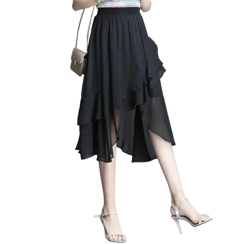 تنورة كورية عالية الخصر مثيرة غير متناظرة موضة الحفلات المسائية الكشكشة تنانير شيفون بالإضافة إلى حجم التنانير المكتبية أسود أحمر أبيض #2