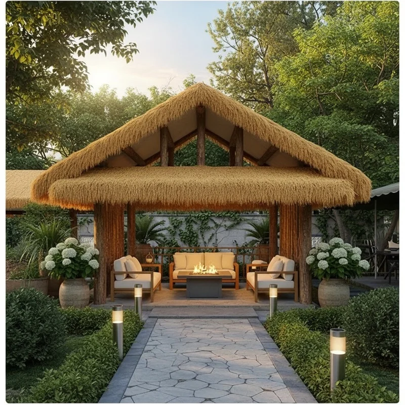 Retro Artificial Thatched Roof for Outdoor Pavilion Eaves Waterproof UV Resistant Simulation Thatch for Courtyard Decoration
