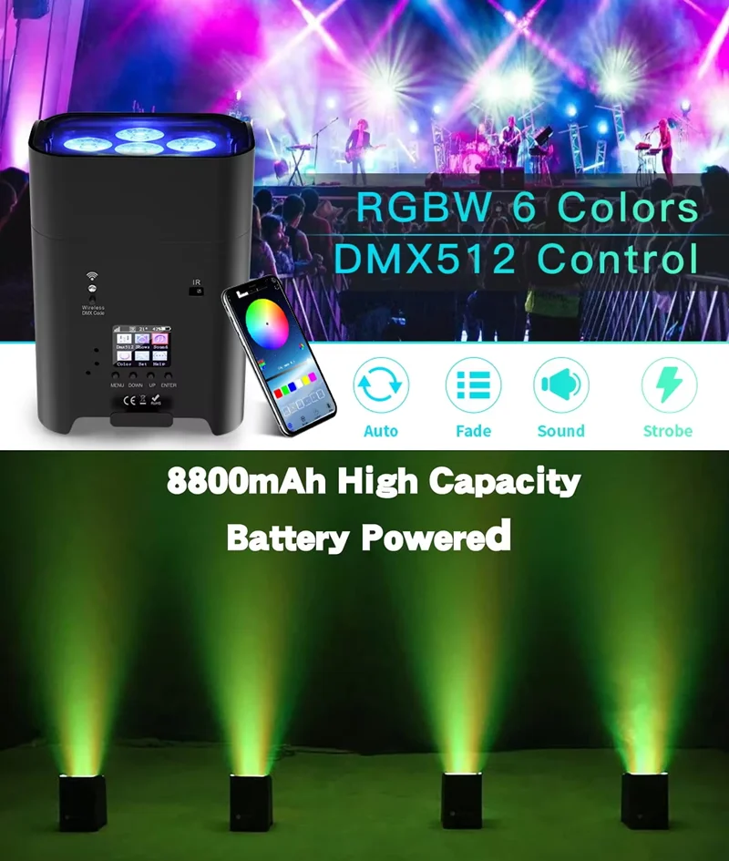 

4x18W RGBWA+UV 6in1 Светодиодный беспроводной аккумуляторный светильник Par Светодиодный эффект Свет Сценическое шоу Дискотека DJ Вечеринка Клубный бар dmx512 эффектное световое шоу