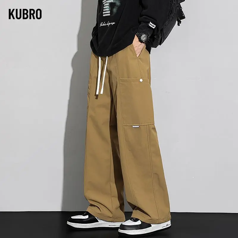 

Мужские осенние винтажные японские широкие спортивные штаны 2025 года, повседневные прямые свободные брюки-карго с большими карманами, модные брюки на шнурке