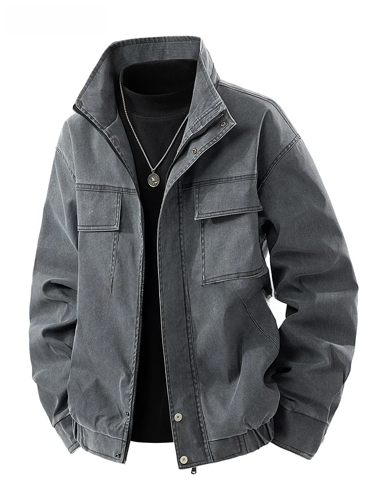 

Retro American Waed Denim Jaet Men's Loose Fit Spring Autumn Trendy Workwear Coat Zipper Closure No Hat Included