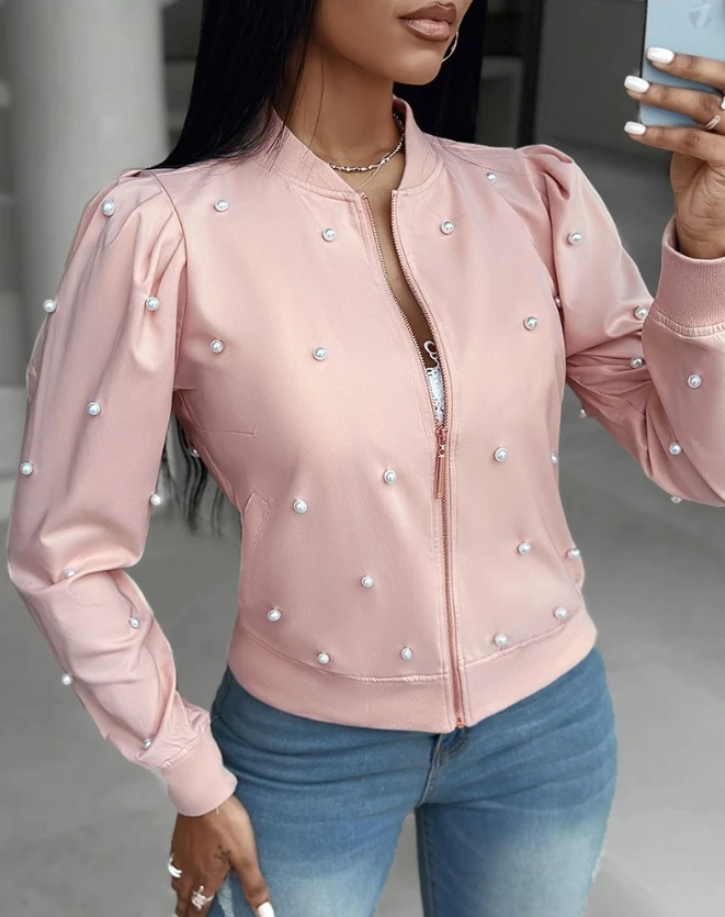 2023 Autumn Winter Spring New Fashion Casual Beaded Baseball Collar Zipper Design Jacket Coat Female Clothing Outfits