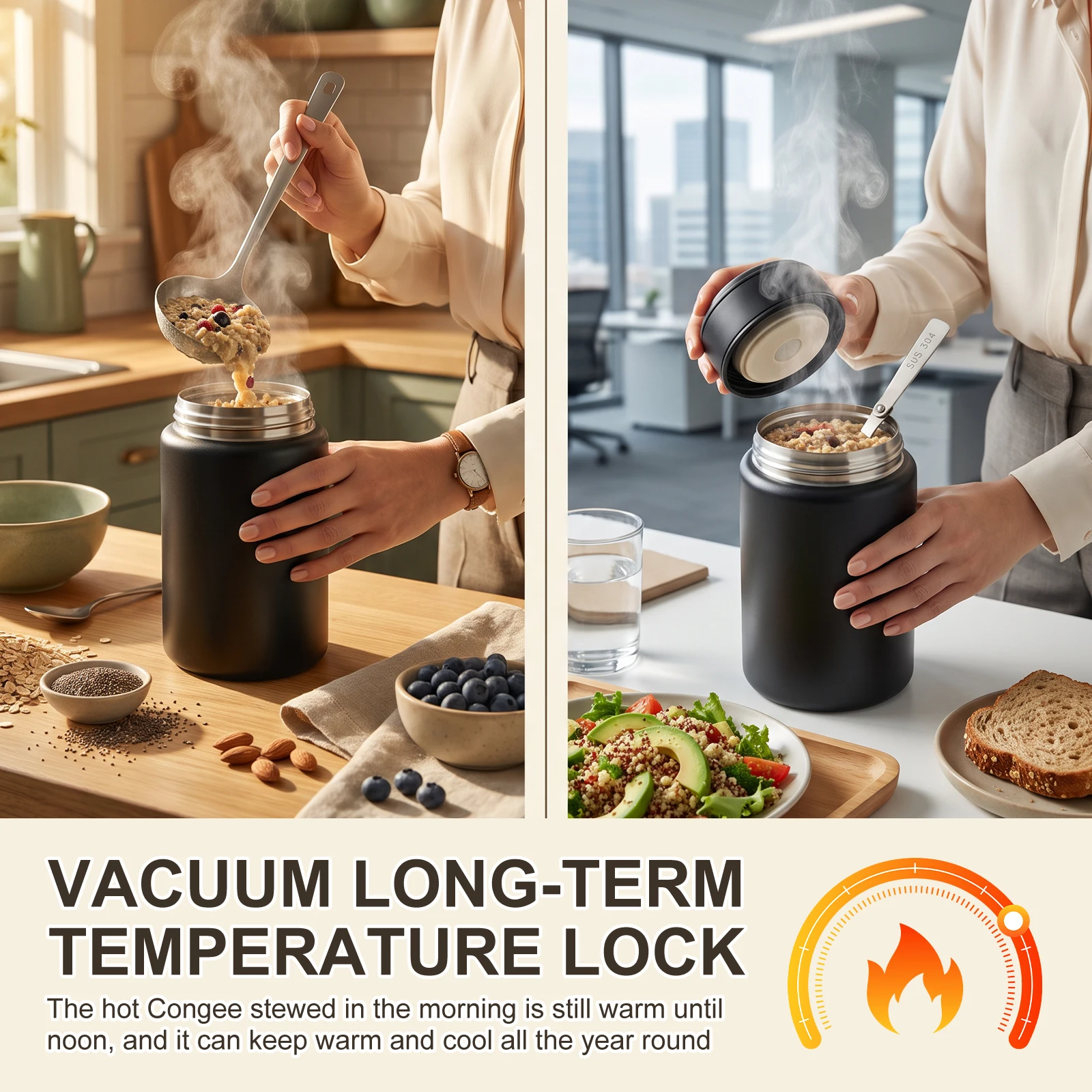 Vacuum Insulated Food Jar Wide Mouth Insulated Food Container Portable Breakfast Cup with Folding Spoon for Office Daily Commute